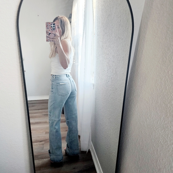 Risen High Rise Tummy Control Light Wash Wide Leg Cuffed Denim Jeans Various NEW - Picture 12 of 17